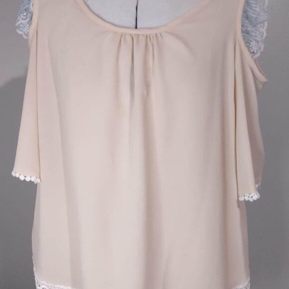 XL Banabee Blouse Cold Shoulder beige 22” pit-pit 24” full length C3528 - Picture 1 of 6